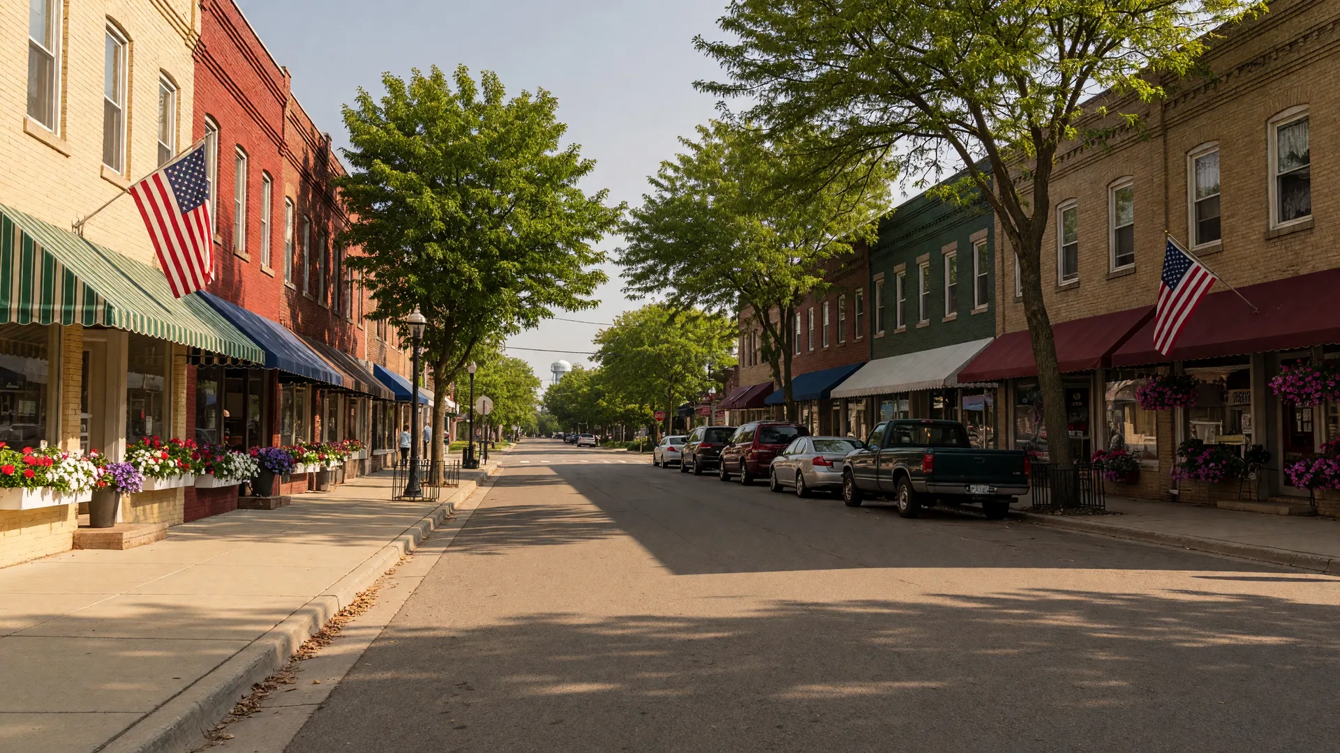 The compact village downtown of Goodrich, Michigan with historic storefronts, awnings, American flags, and mature shade trees on a sunny afternoon