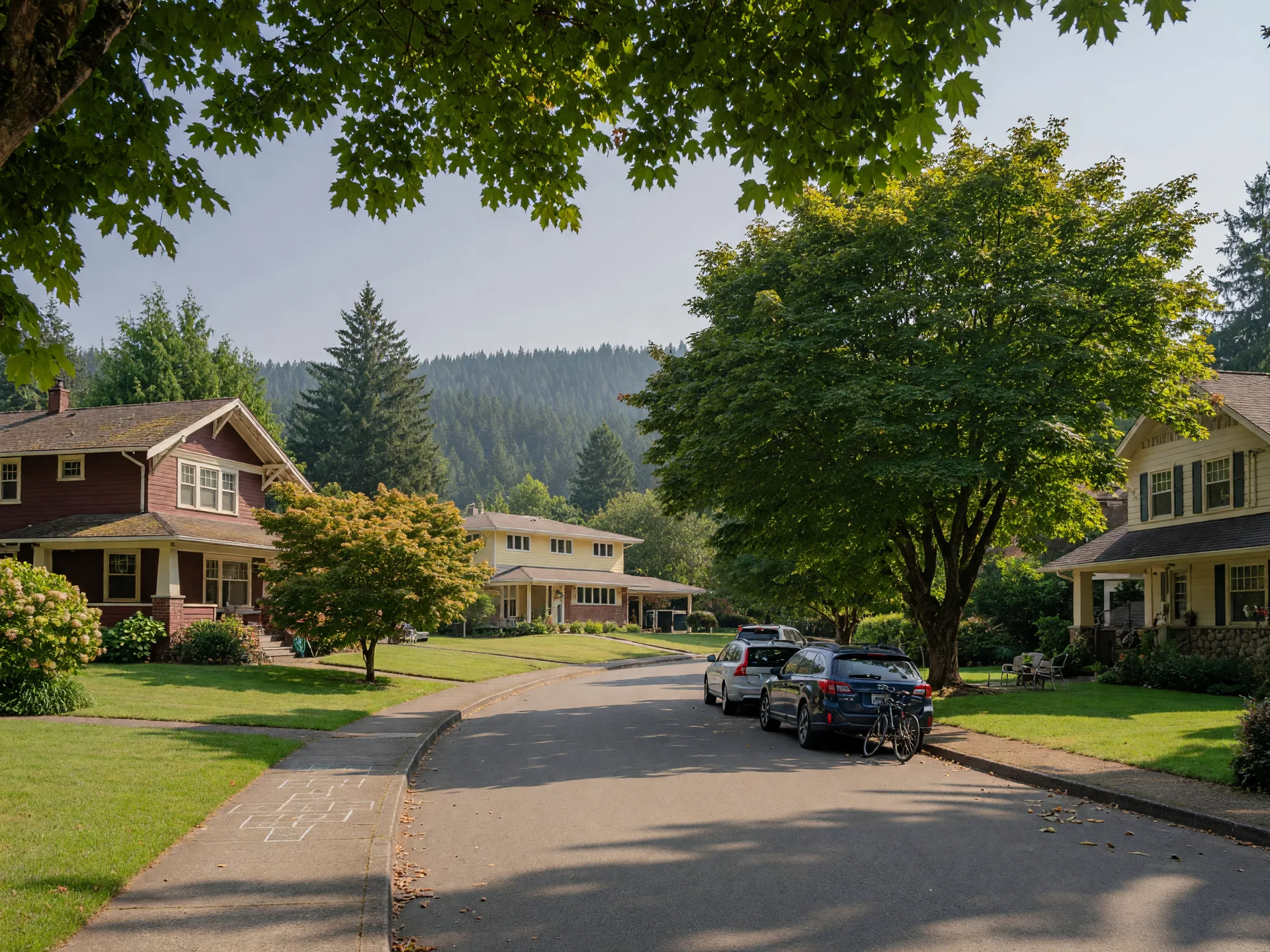 A leafy Lake Oswego residential street with mature maples and well-kept family homes in warm afternoon light