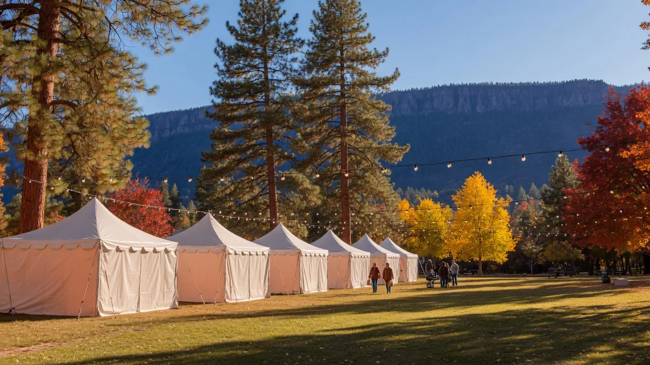 A fall community festival at Green Valley Park in Payson, Arizona with white vendor tents, warm string lights, and autumn color beneath Ponderosa pines and the Mogollon Rim