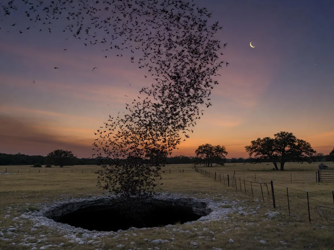 Thousands of Mexican free-tailed bats spiraling upward in a dense column from a shadowed sinkhole against a mauve and amber dusk sky over the Edwards Plateau