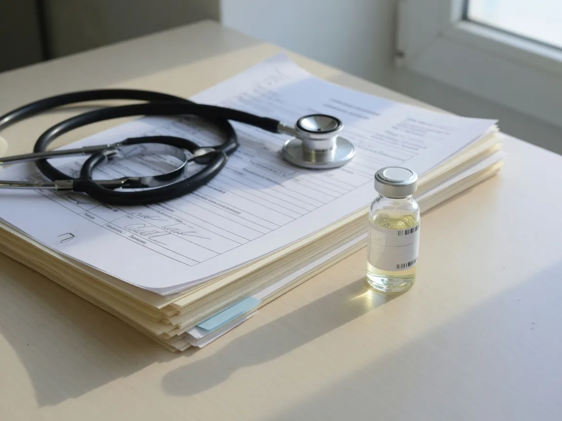 A stethoscope and a small glass vial beside neatly stacked documents on a bright clinic desk