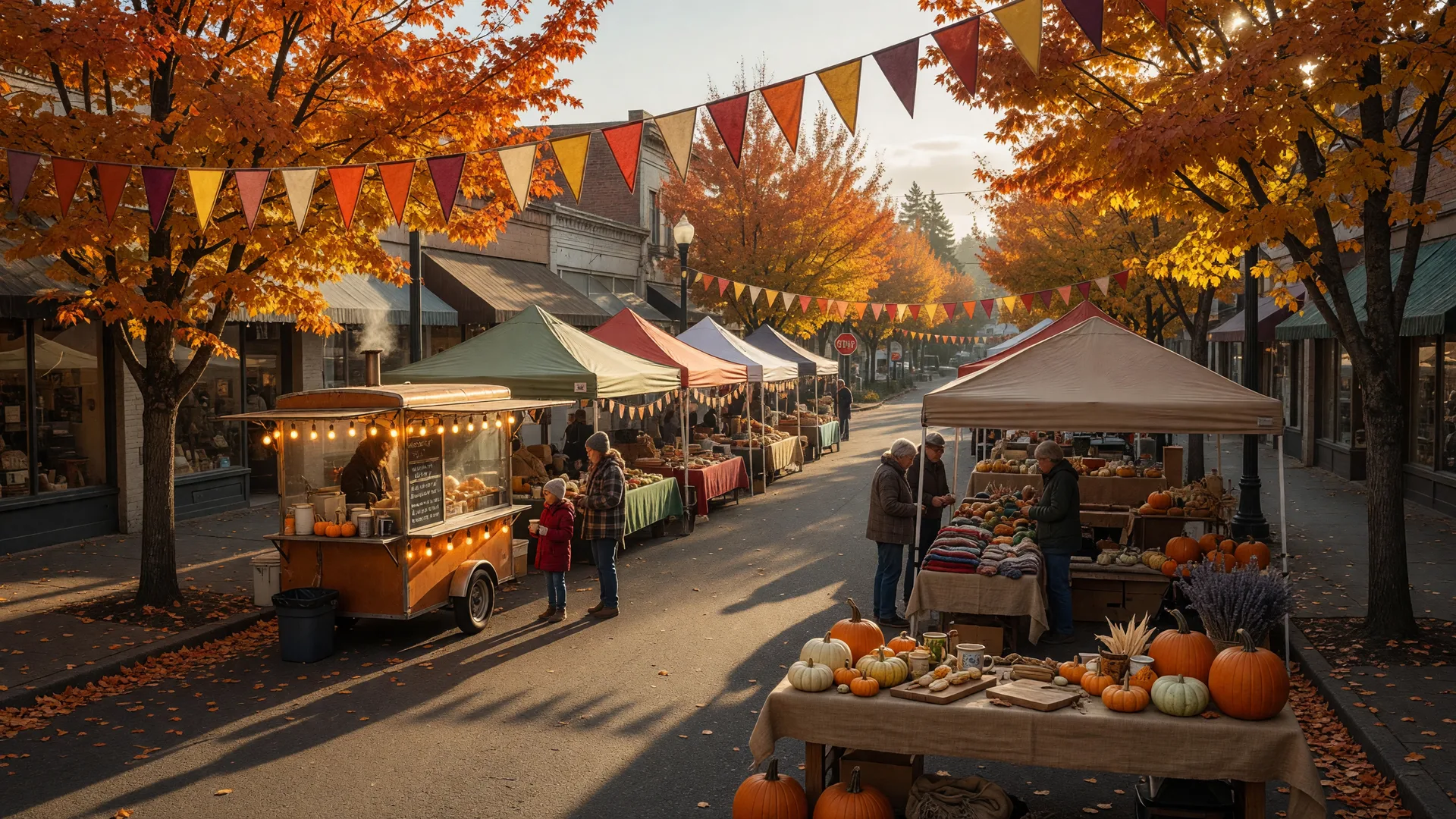 Autumn street festival with market tents, bunting, and pumpkin stalls along a tree-lined downtown Oregon street