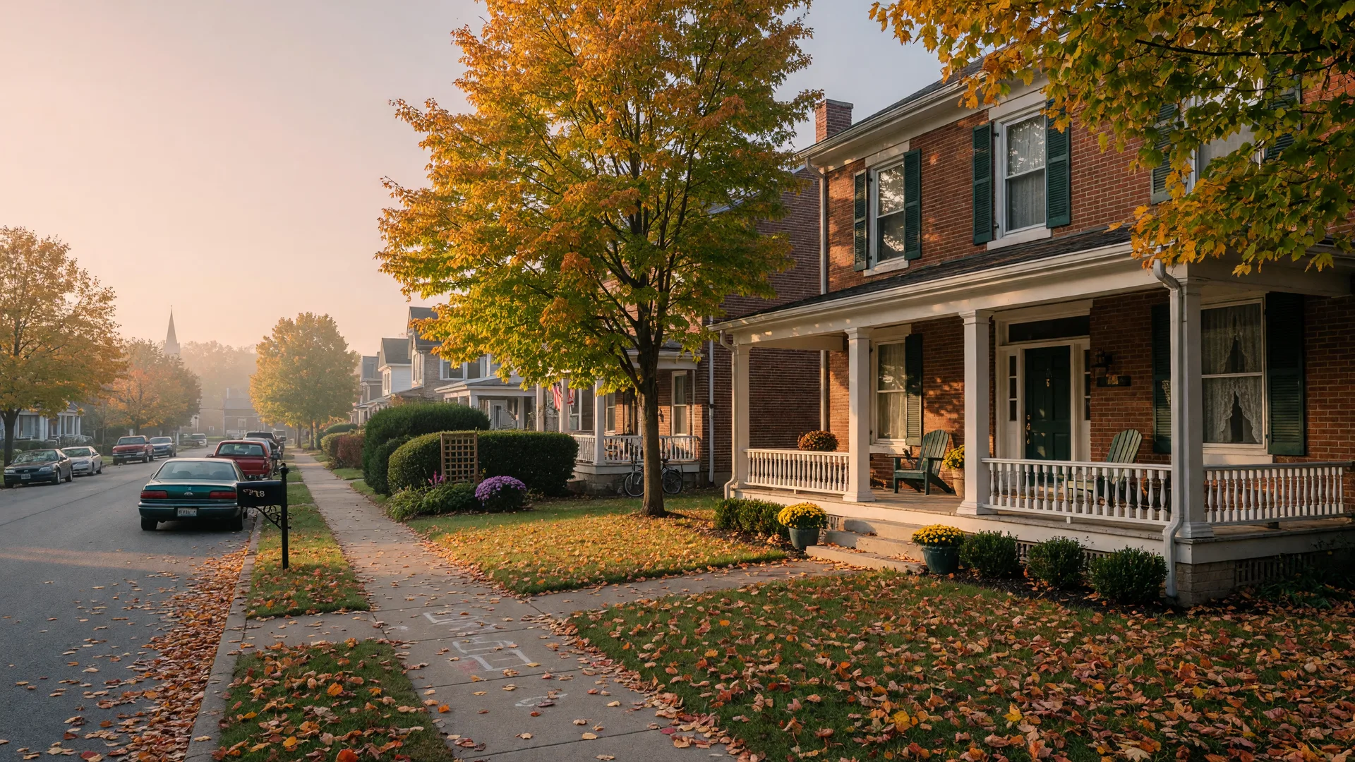 A classic two-story brick Foursquare home with a covered front porch and green shutters on a tree-lined residential street in Hamilton, Ohio in warm early-autumn morning light