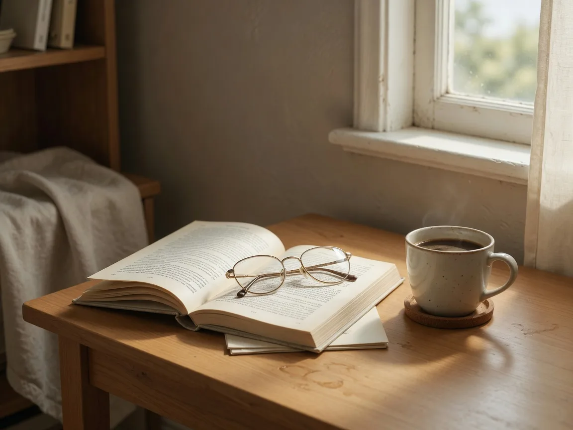 An open book with reading glasses resting on it beside a ceramic cup of coffee in soft daylight