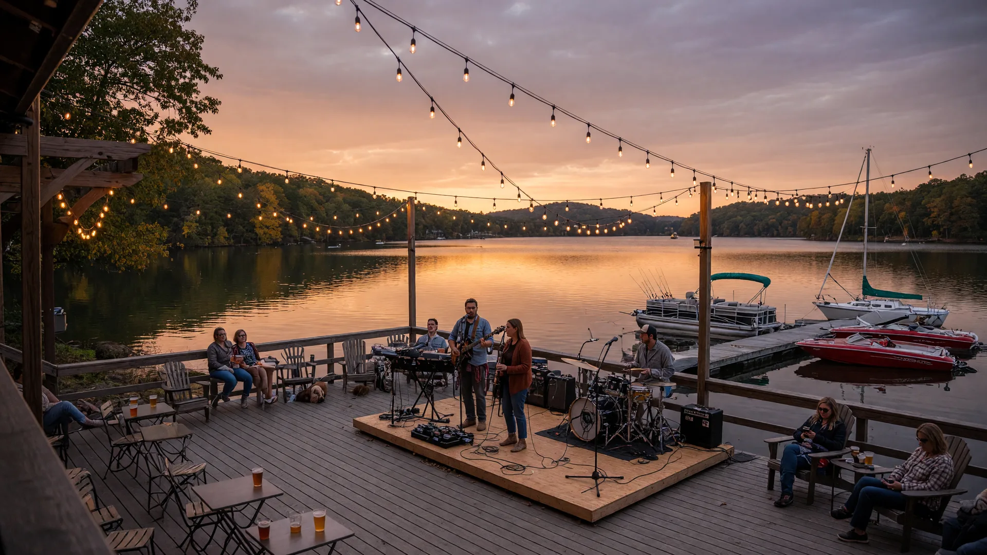 A late-summer dusk concert on a Lake Norman waterfront deck with warm string lights overhead, a band on stage under the golden-hour sky, and moored boats reflecting amber light on the calm lake