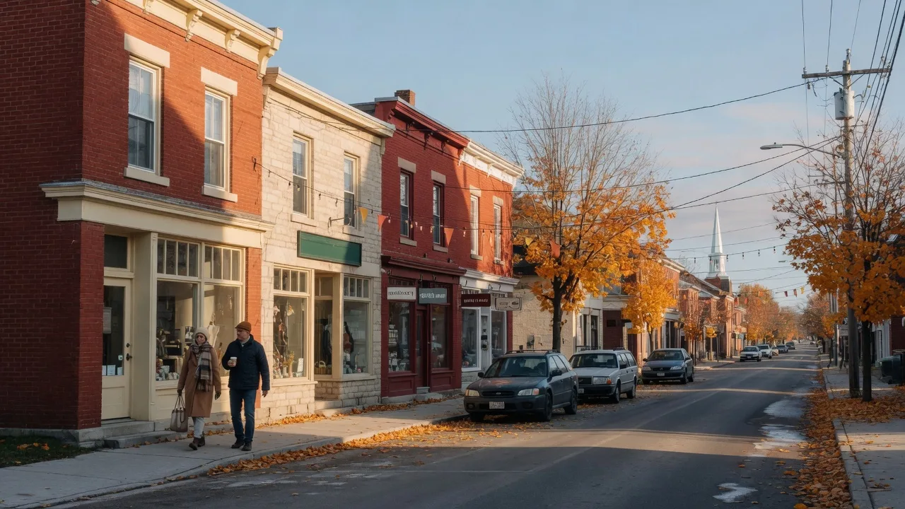 A heritage village main street in rural Ontario on a crisp late-October morning, with brick storefronts, boutique shop signs, and golden maples