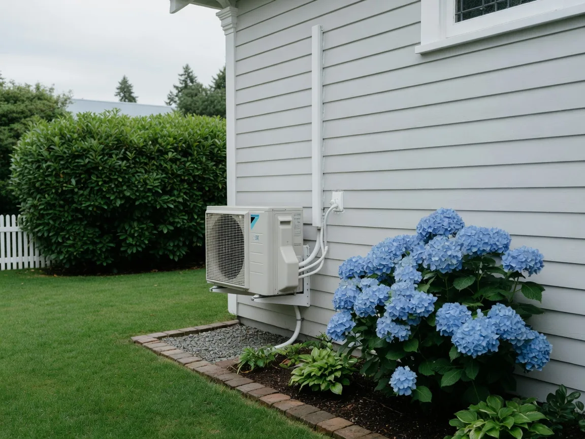 A modern ductless mini-split heat pump mounted on the exterior wall of a bright Victoria BC home beside a tidy garden