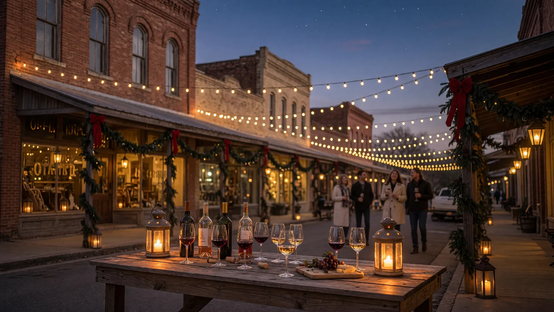 Small-town main street with string lights and a wine tasting table at dusk