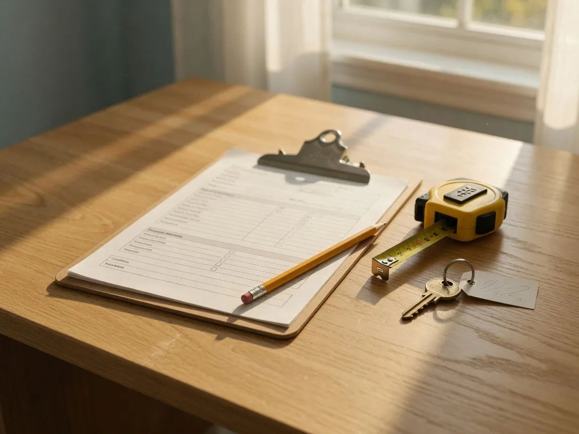 A clipboard with a blank appraisal worksheet, a coiled measuring tape, and a house key on a desk by a sunny window