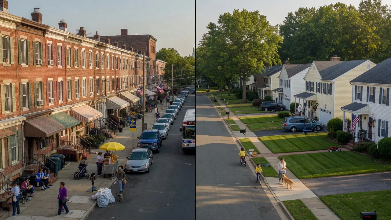 Split-screen comparison of Philadelphia city street and suburban South Jersey neighborhood
