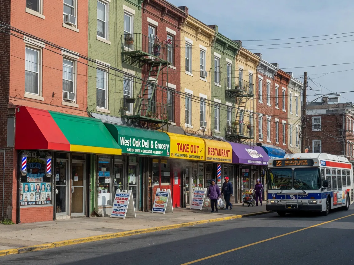 Storefronts, awnings and a passing bus along the lively Ogontz Avenue commercial corridor in West Oak Lane, Philadelphia