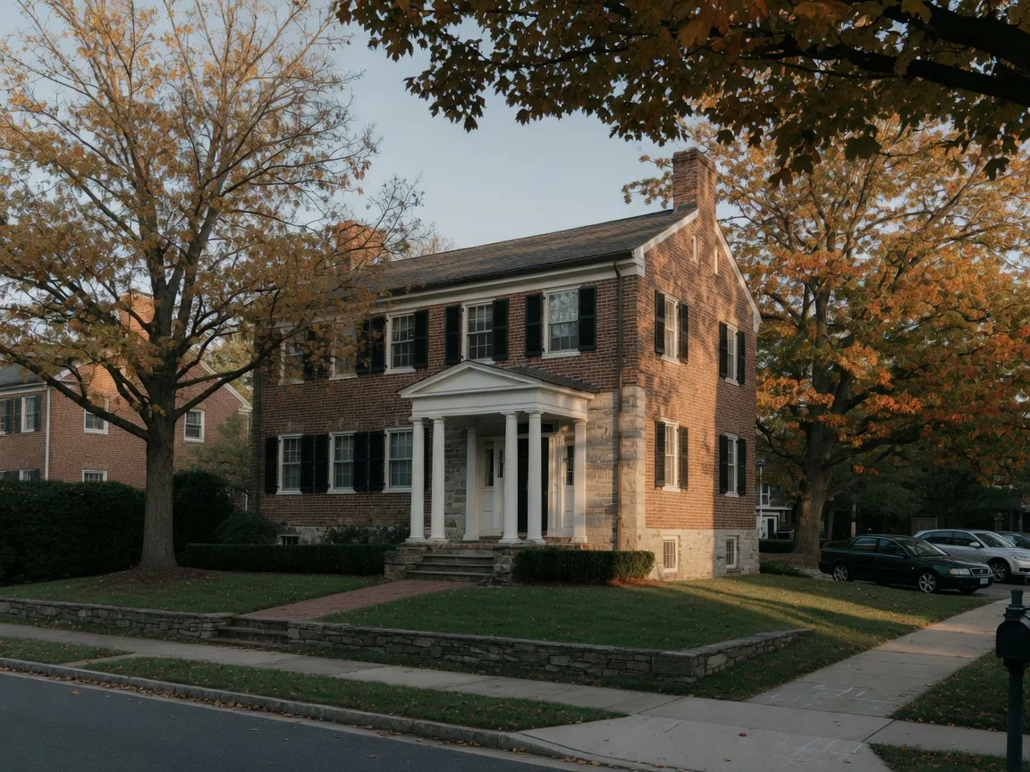A brick and stone Colonial home on a leafy Chevy Chase street in late afternoon light