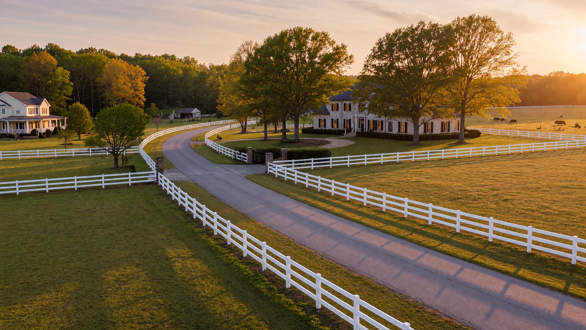 Rural country lane with white fencing and estate homes near Weddington, North Carolina at golden hour