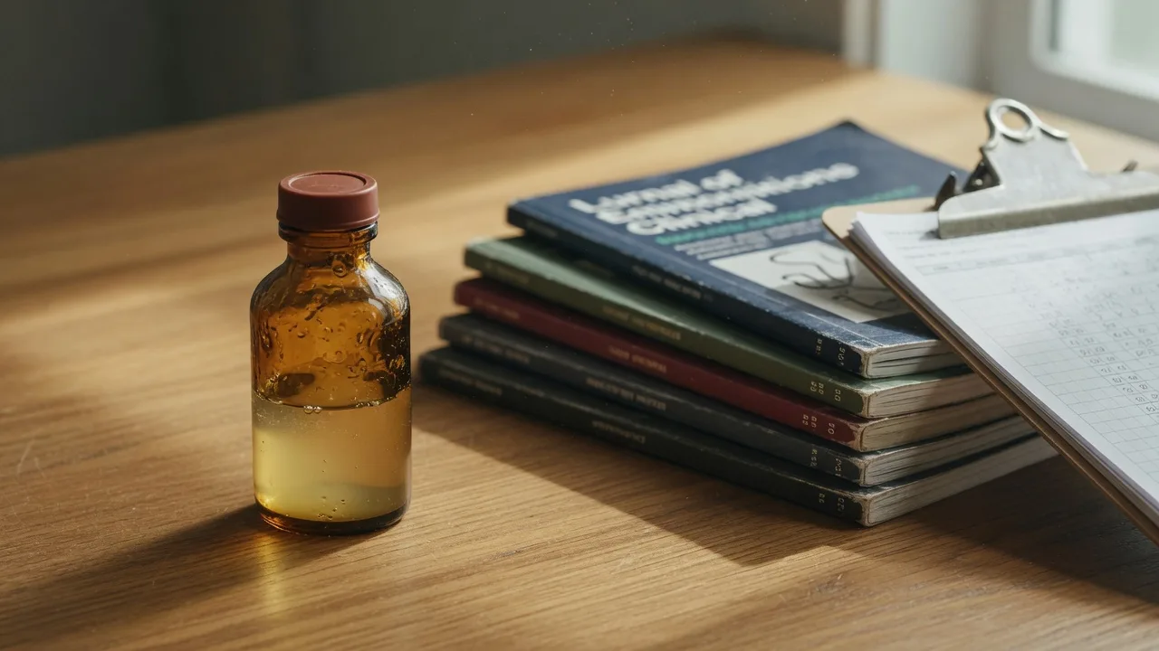 A small amber vial with a rubber stopper beside medical journals and a clipboard on an oak desk