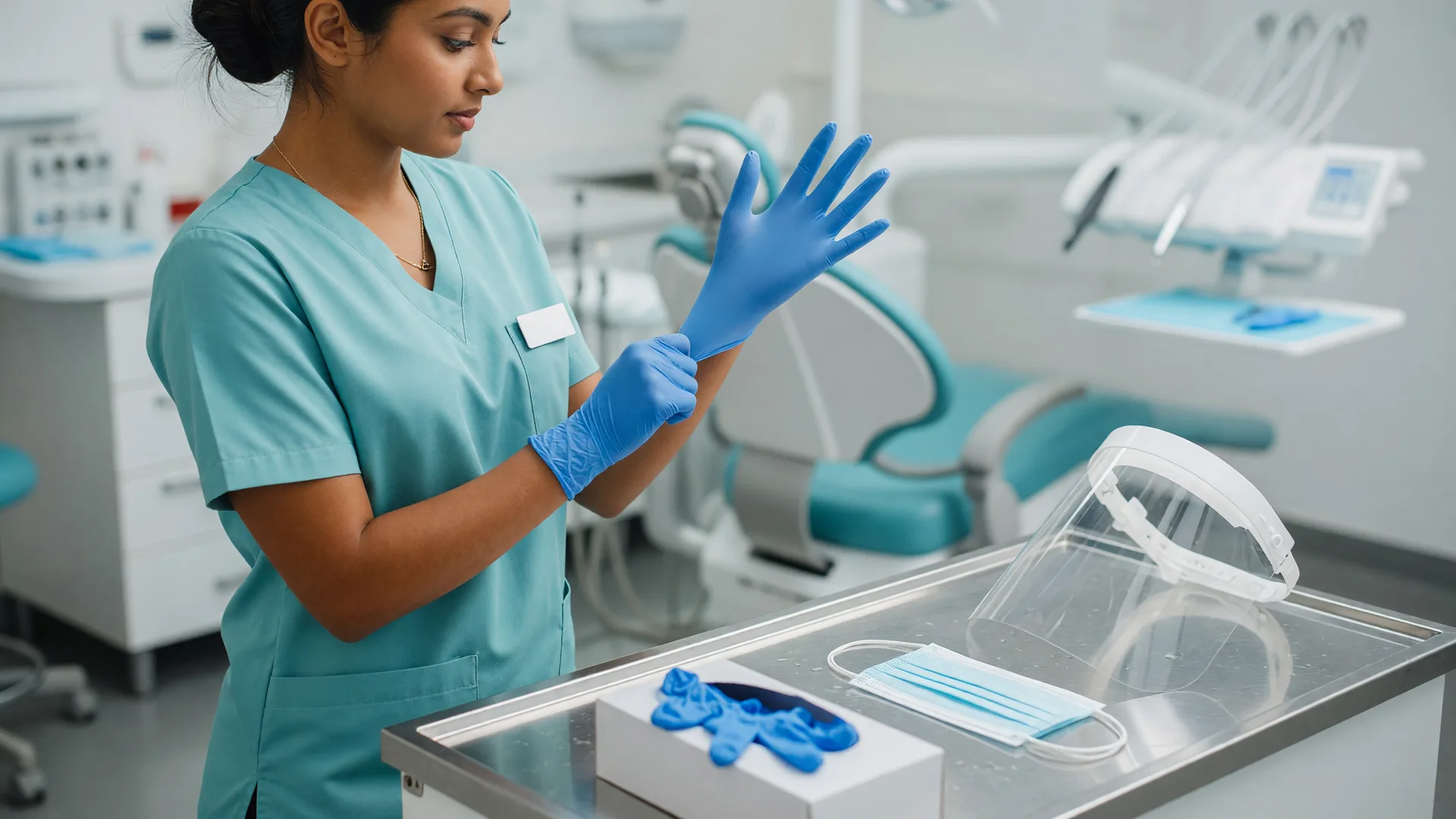 Dental assistant putting on a blue nitrile exam glove beside a dental operatory with a glove box, surgical mask, and face shield on the counter