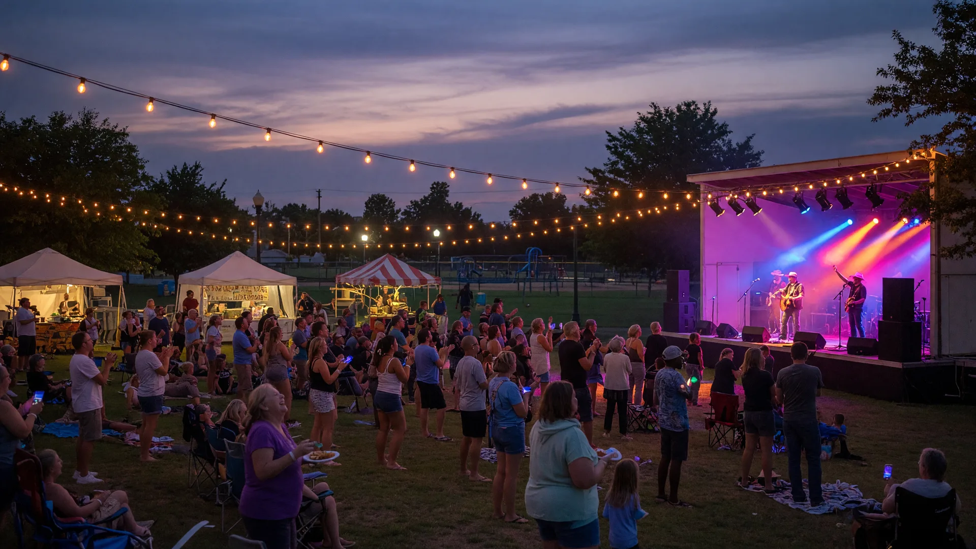City Razed music festival at Case Community Park in Sand Springs with a crowd on the lawn and a brightly lit stage at dusk