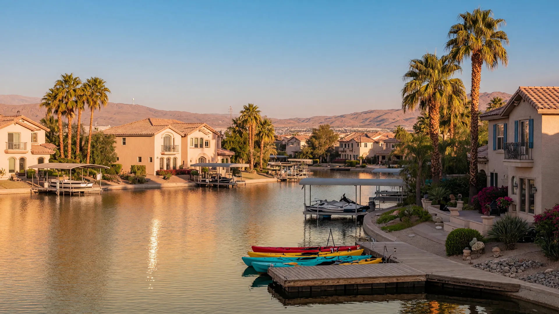 Lakefront residential district on the south side of a private lake community in Las Vegas with a community dock, kayaks and villas along the shore