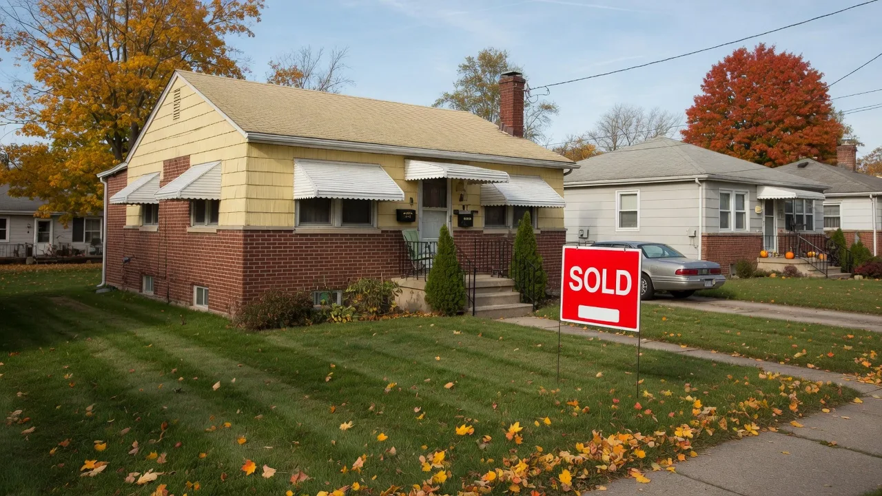 A modest post-war bungalow in a Northeast Ohio suburb with a sold sign in the yard