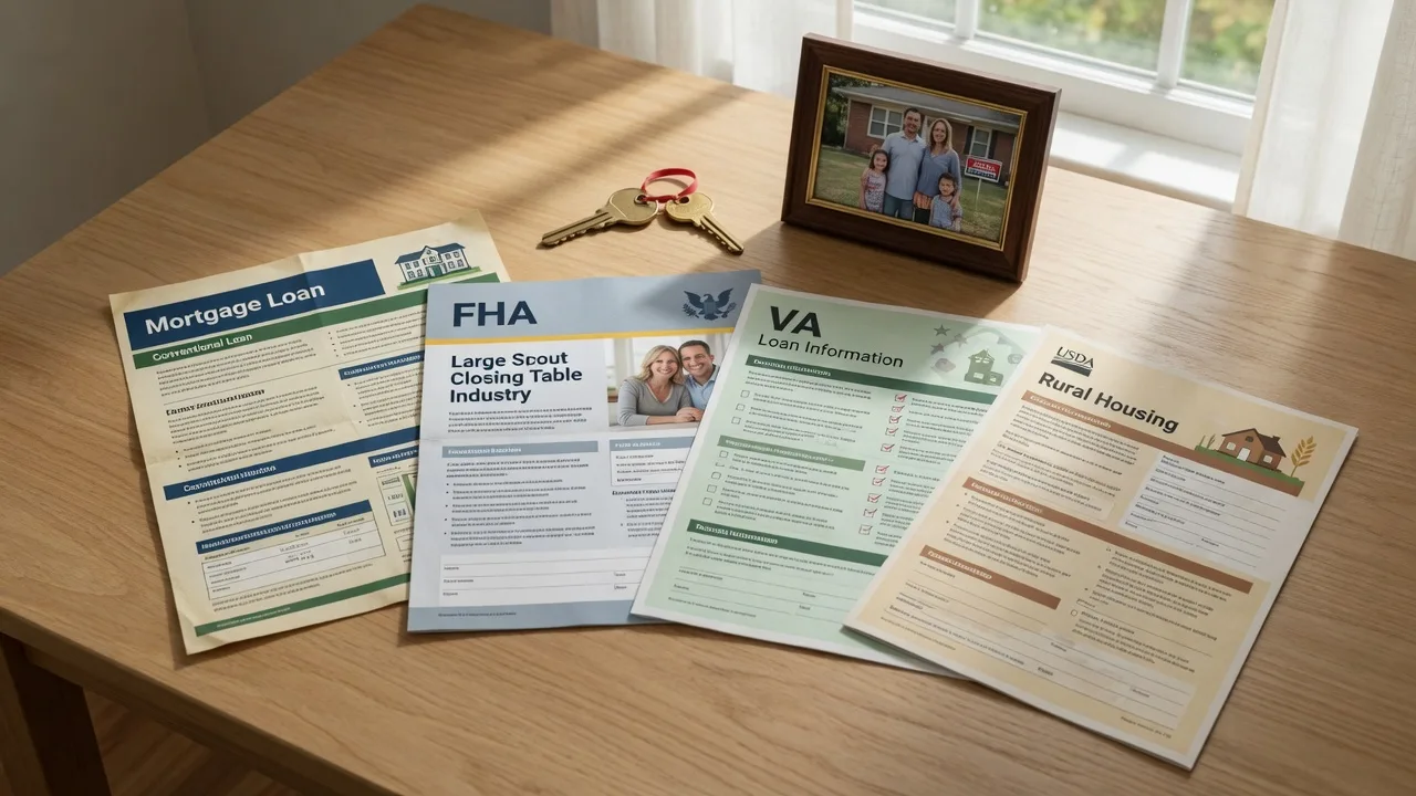 Mortgage loan documents and brochures for conventional, FHA, VA, and USDA loans spread on a table with a house key