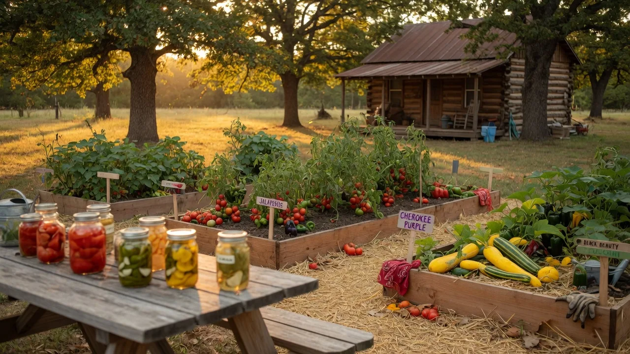 Raised vegetable beds on a rural Texas acreage in late summer with a log cabin in the background
