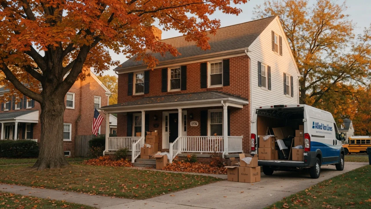 A brick and white-clapboard colonial home in Burlington County at golden hour with a moving van in the driveway, moving boxes on the front porch, and amber fall maple foliage