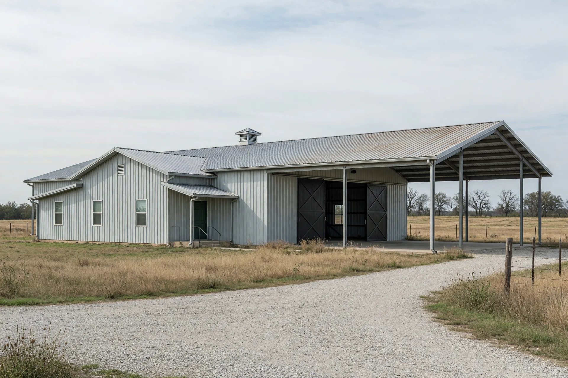 Metal barndominium with a residential section and attached shop under one roofline