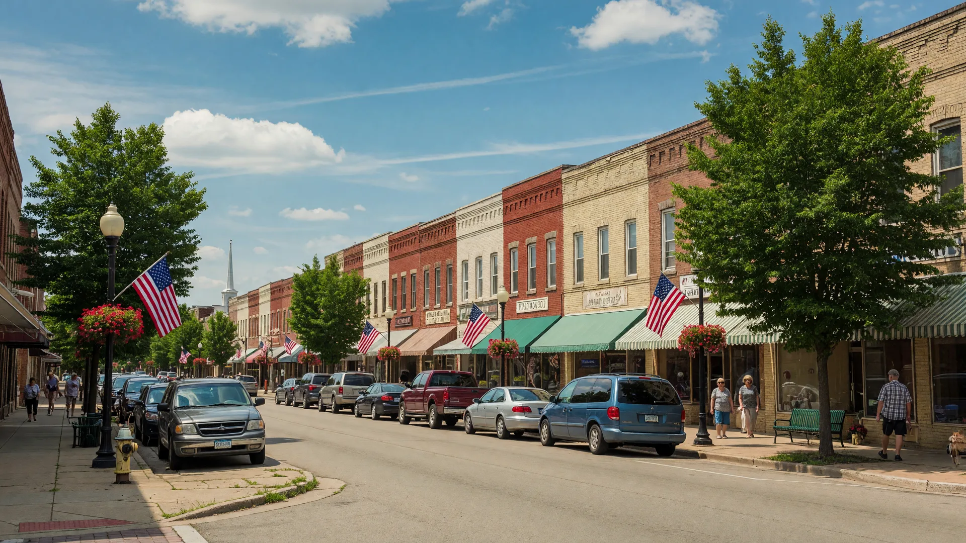 Main Street in Greenwich, Ohio with small-town storefronts, American flags, and trees on a bright summer afternoon
