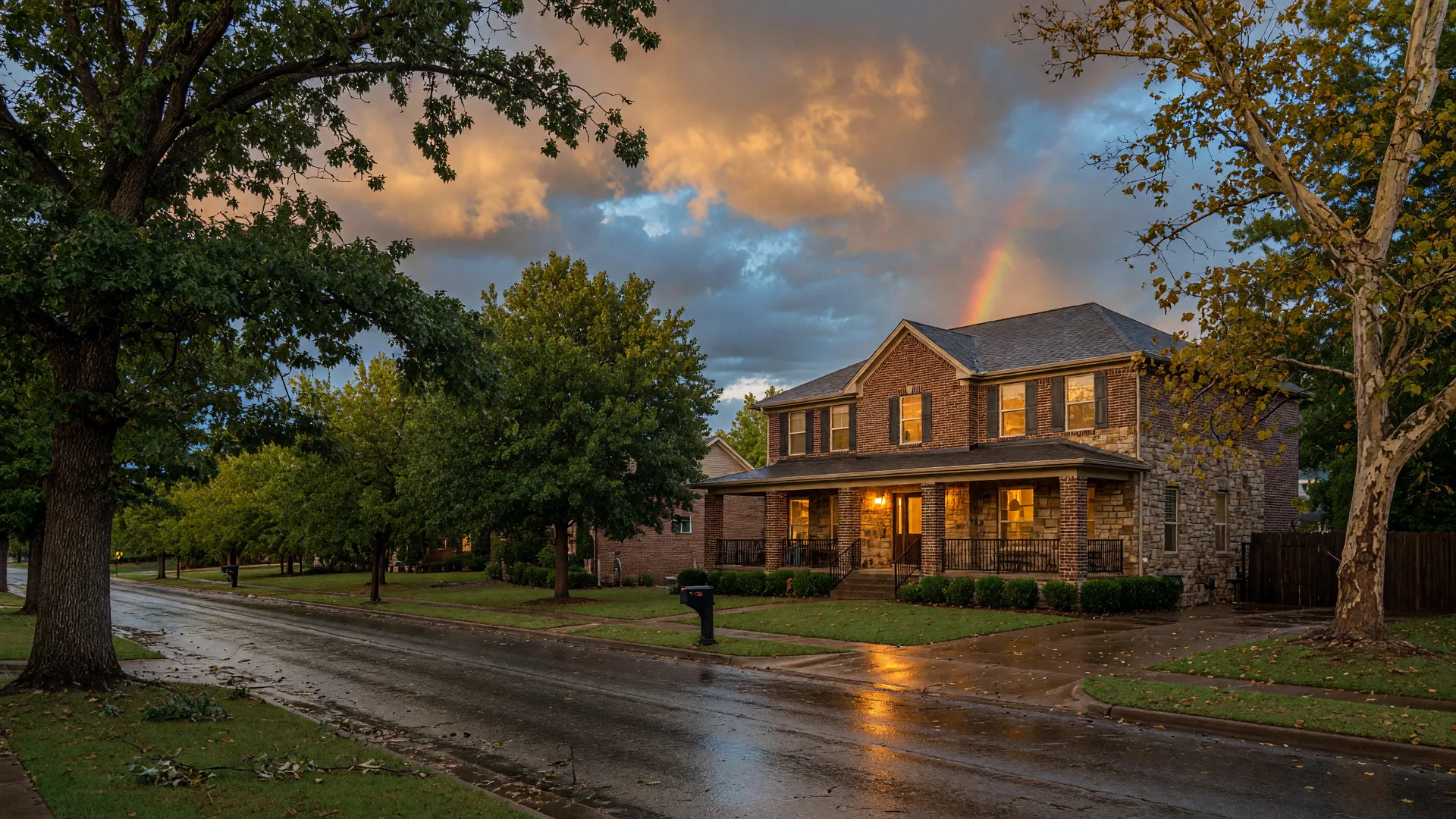 A Tulsa suburban home under a dramatic Oklahoma sky with golden storm light breaking through blue-gray clouds after an afternoon thunderstorm