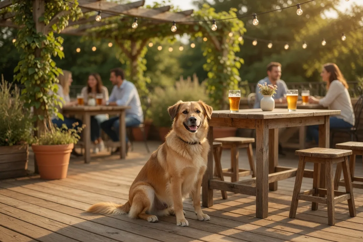 A dog sitting on a brewery patio deck while people chat at nearby tables under string lights.