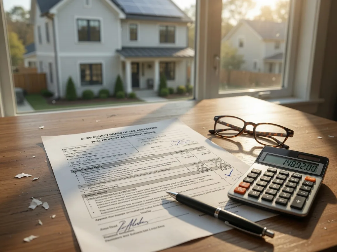 Cobb County property assessment document with calculator, pen, and eyeglasses on a wooden desk near a window