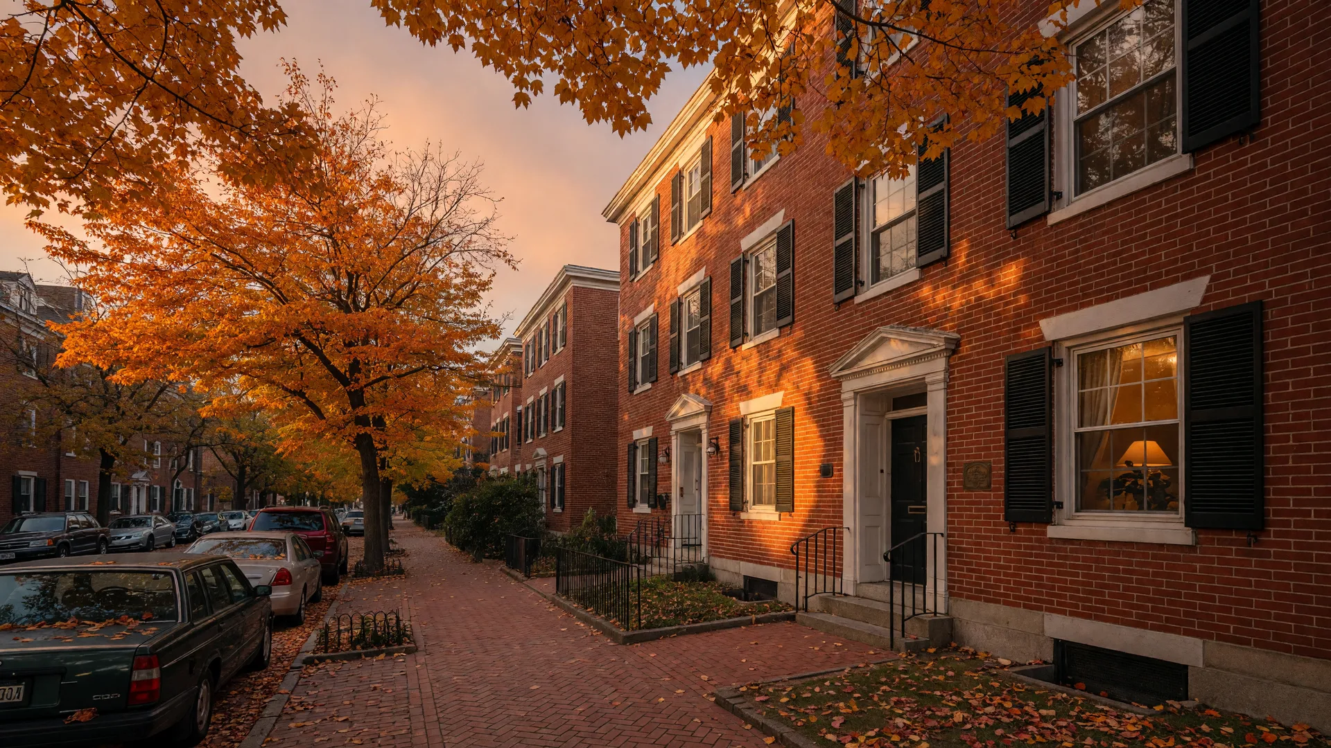 A classic three-story red-brick New Haven condominium building on a tree-lined city street at golden hour in late October, with white trim, black shutters, autumn maples, and warm light in one upper window