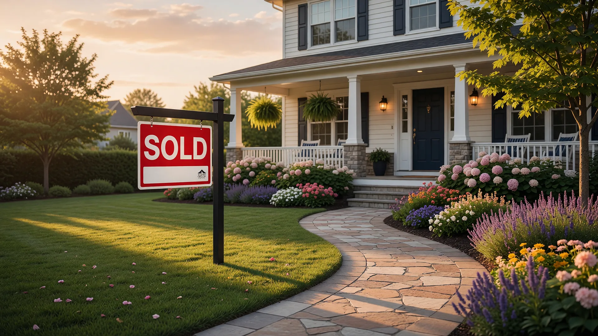 Sold sign in front of a beautiful suburban home with professional landscaping and golden-hour light