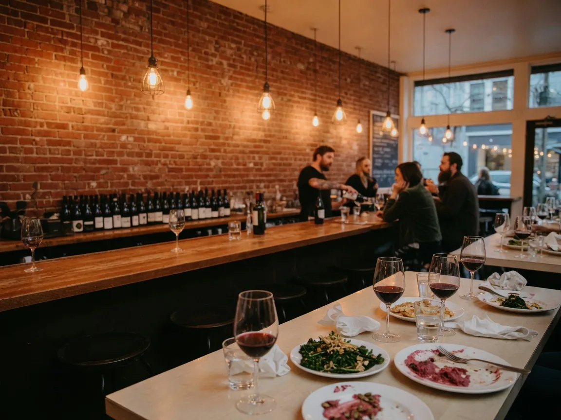A stylish restaurant interior with exposed brick, pendant lights over a wooden bar, and wine glasses on a table