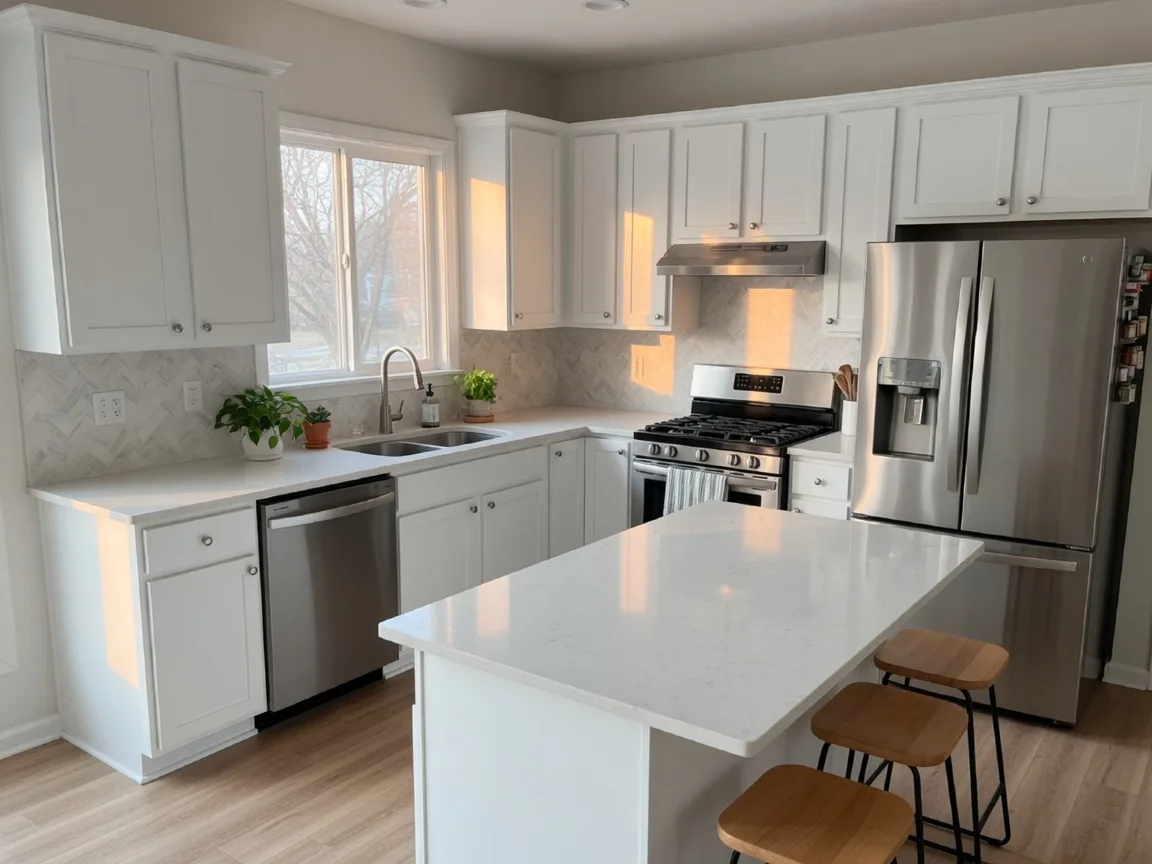 Bright updated kitchen with white cabinets and a breakfast bar in a Tulsa-area home