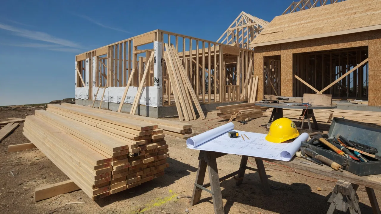 Residential construction site with stacked lumber, rolled blueprints, a toolbox, and a hard hat in bright daylight