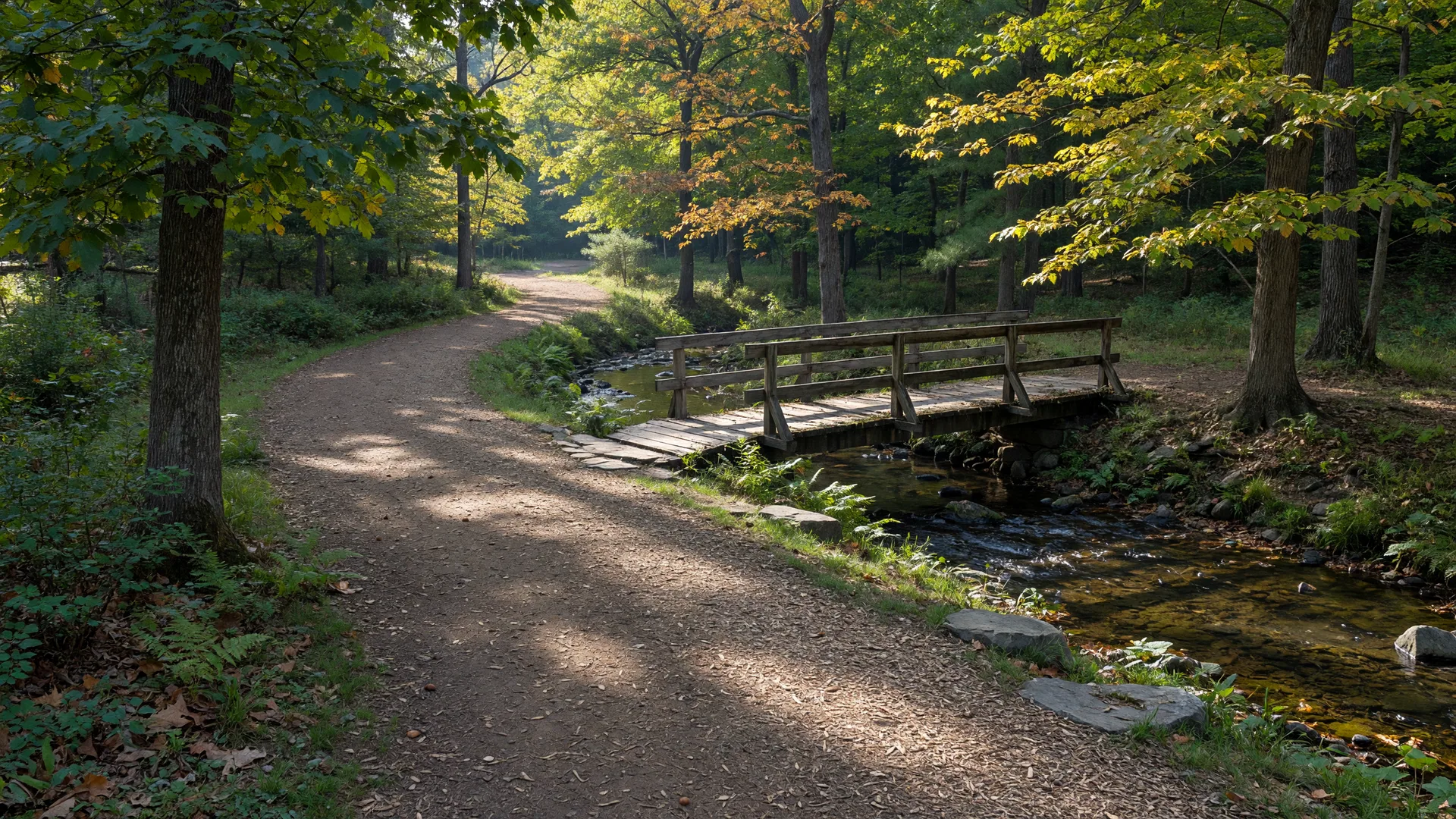 A wooded nature trail with a small stream and wooden footbridge in Mount Laurel State Park