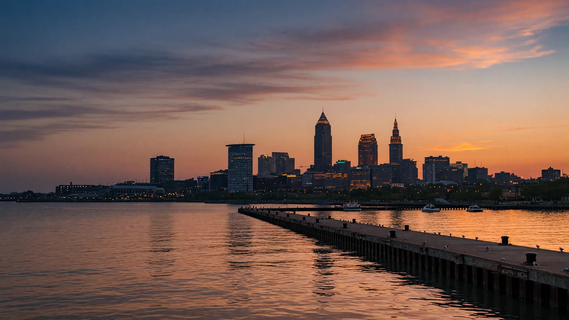 The Cleveland skyline on Lake Erie glowing at dusk