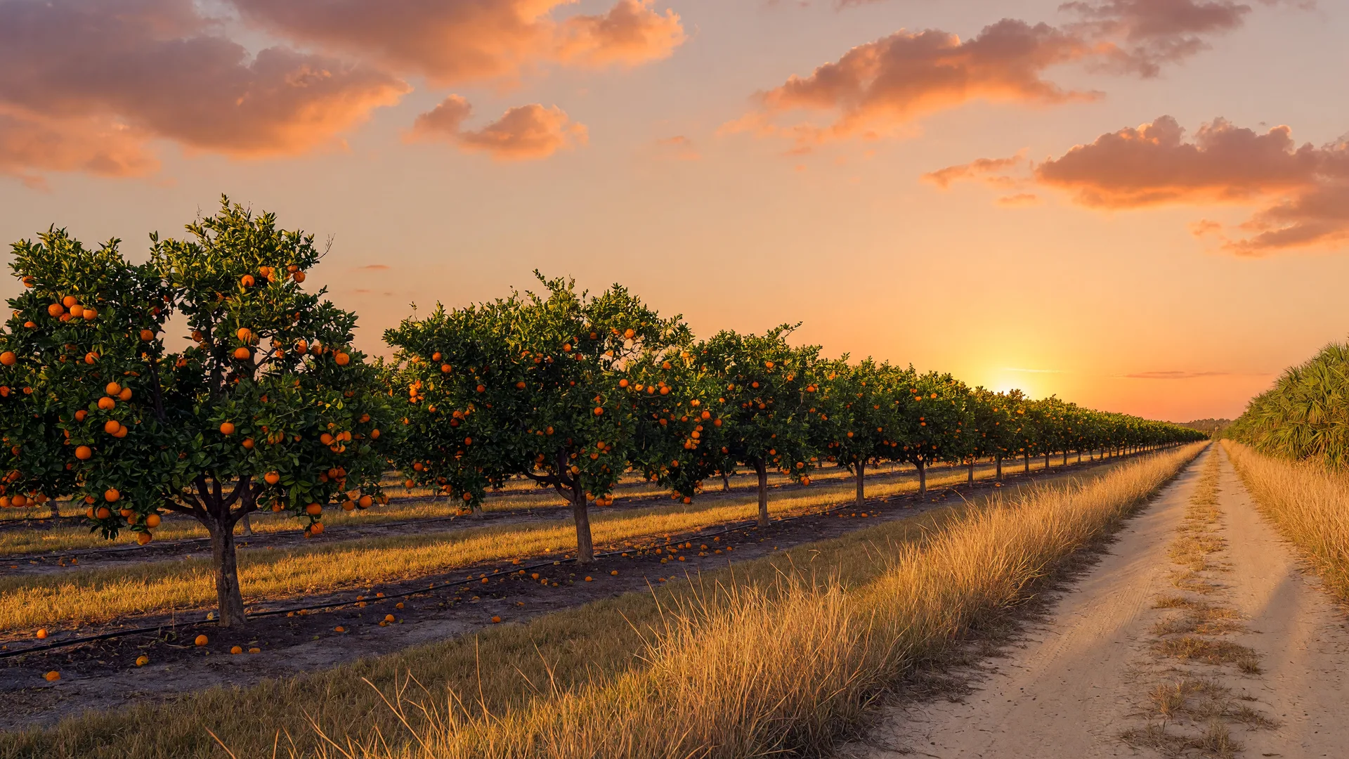Rows of orange trees in a Central Florida grove at golden hour