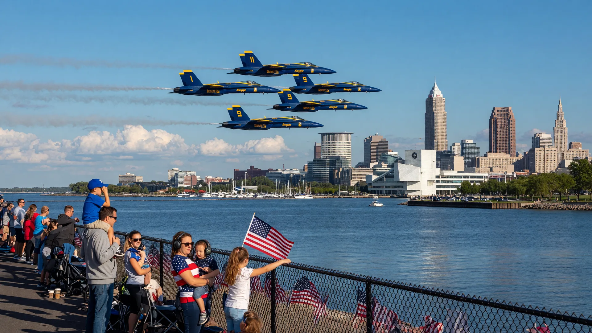 Blue and gold Navy jets over Lake Erie with the downtown Cleveland skyline behind, and families watching from the airport viewing fence on a clear September morning