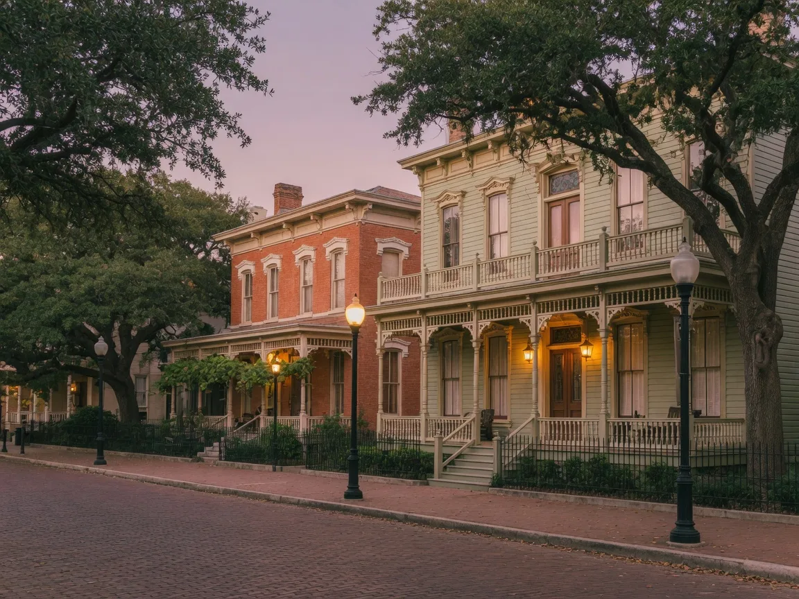 Grand Victorian and Italianate homes along a brick street in King William