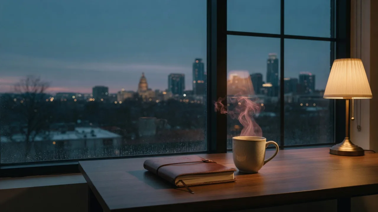 A quiet desk with a closed journal and a mug of tea by a large window at dusk, with the Austin skyline softly visible outside