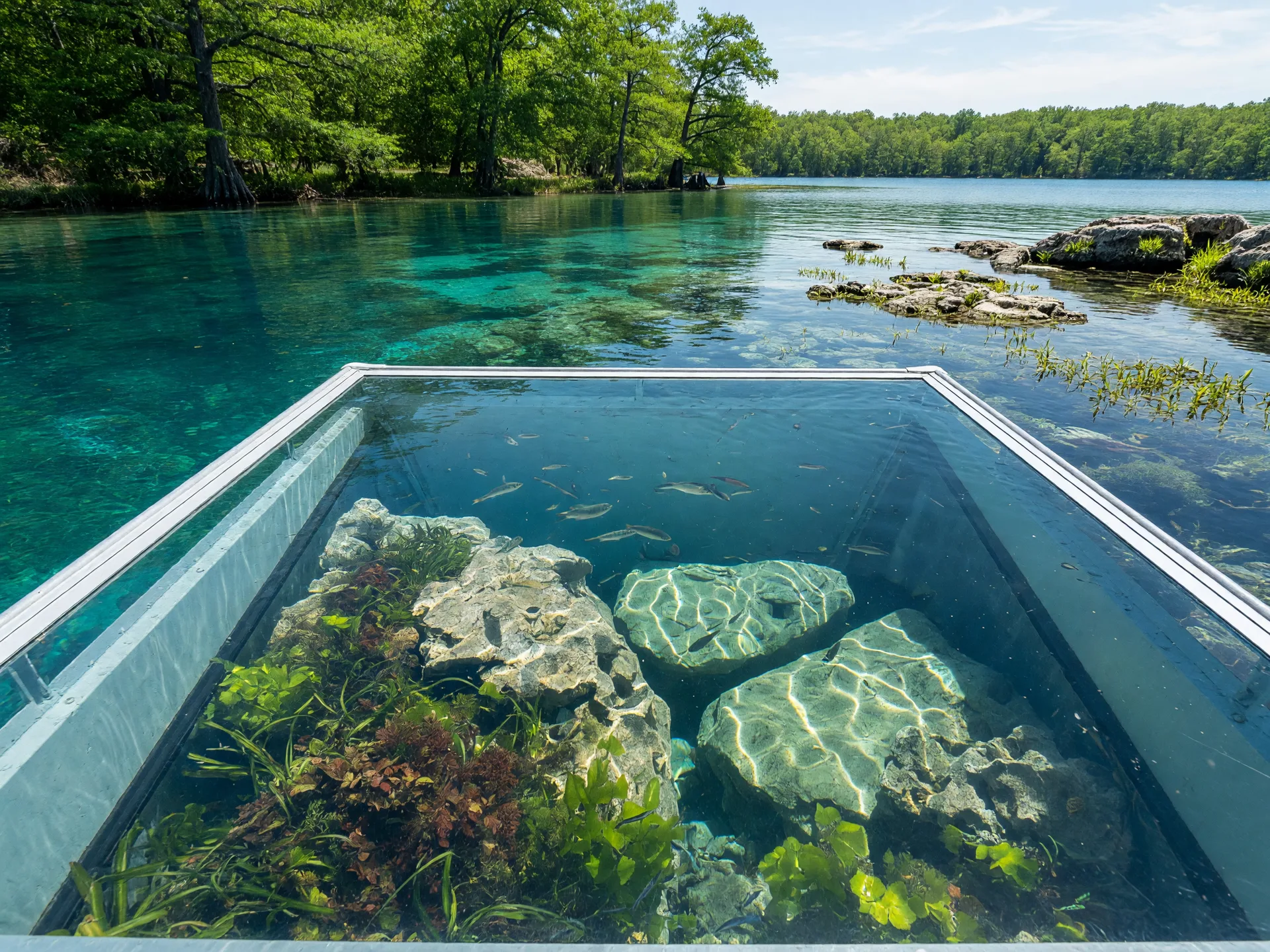 Glass-bottom boat gliding over crystal-clear turquoise water at Spring Lake in San Marcos, revealing limestone formations and aquatic plants through the glass viewing panel