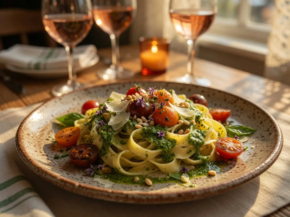 Handmade fettuccine with fresh basil pesto, cherry tomatoes, and shaved Parmesan cheese at Pasta Masters Cucina in Hoschton Georgia