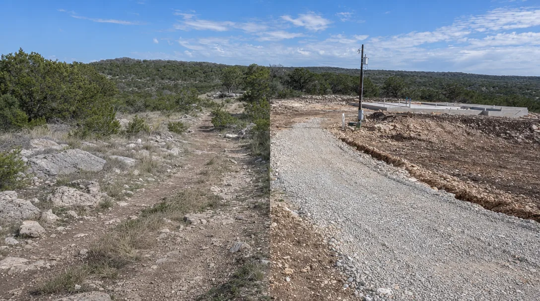 Split composition showing raw undeveloped Hill Country land with rocky terrain and grasses alongside a developing homesite with gravel driveway, building pad, and utility pole