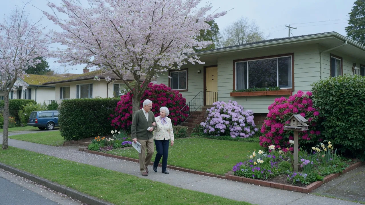 Peaceful Greater Victoria neighbourhood street in spring with an older couple walking past a mid-century home