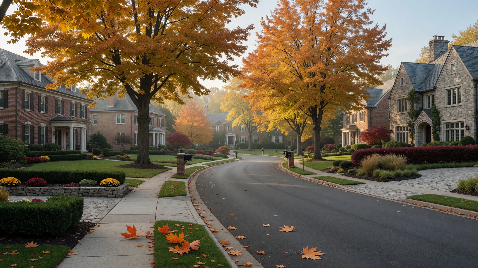 An autumn street in an affluent Michigan suburb with golden maples and elegant homes