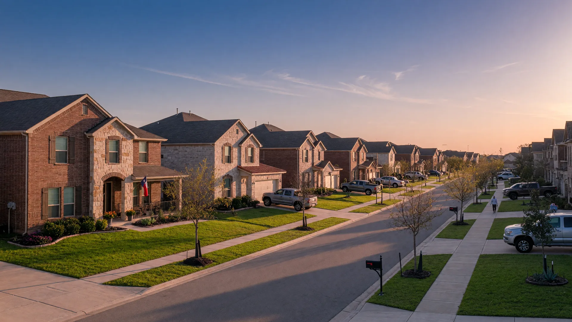 A modern Westpointe master-planned street at golden hour with newer two-story brick and stone homes under young live oaks, in the San Antonio home inspection service area of Rodeo Home Inspections