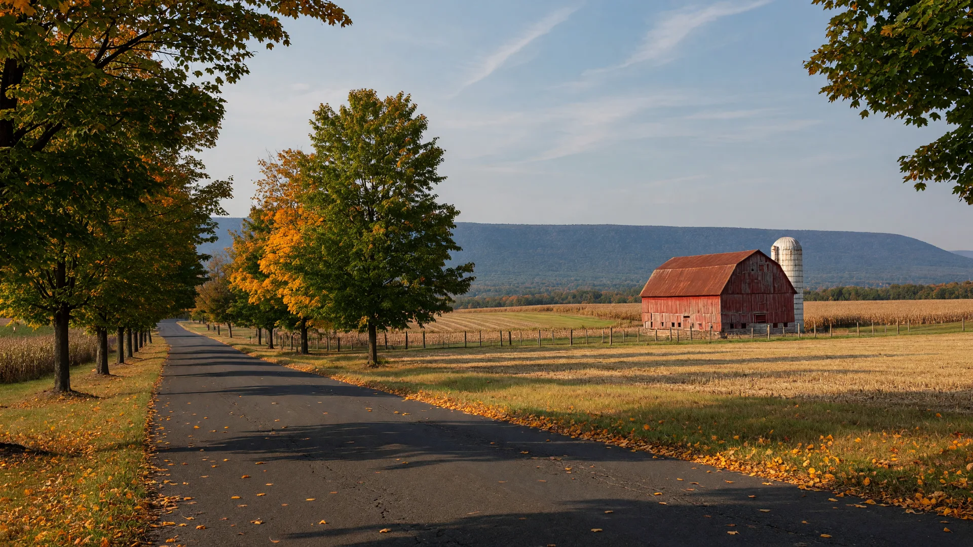 Golden late-September light on a rural Lehigh Valley lane with a red barn, early fall color, and the Blue Mountain ridge on the horizon