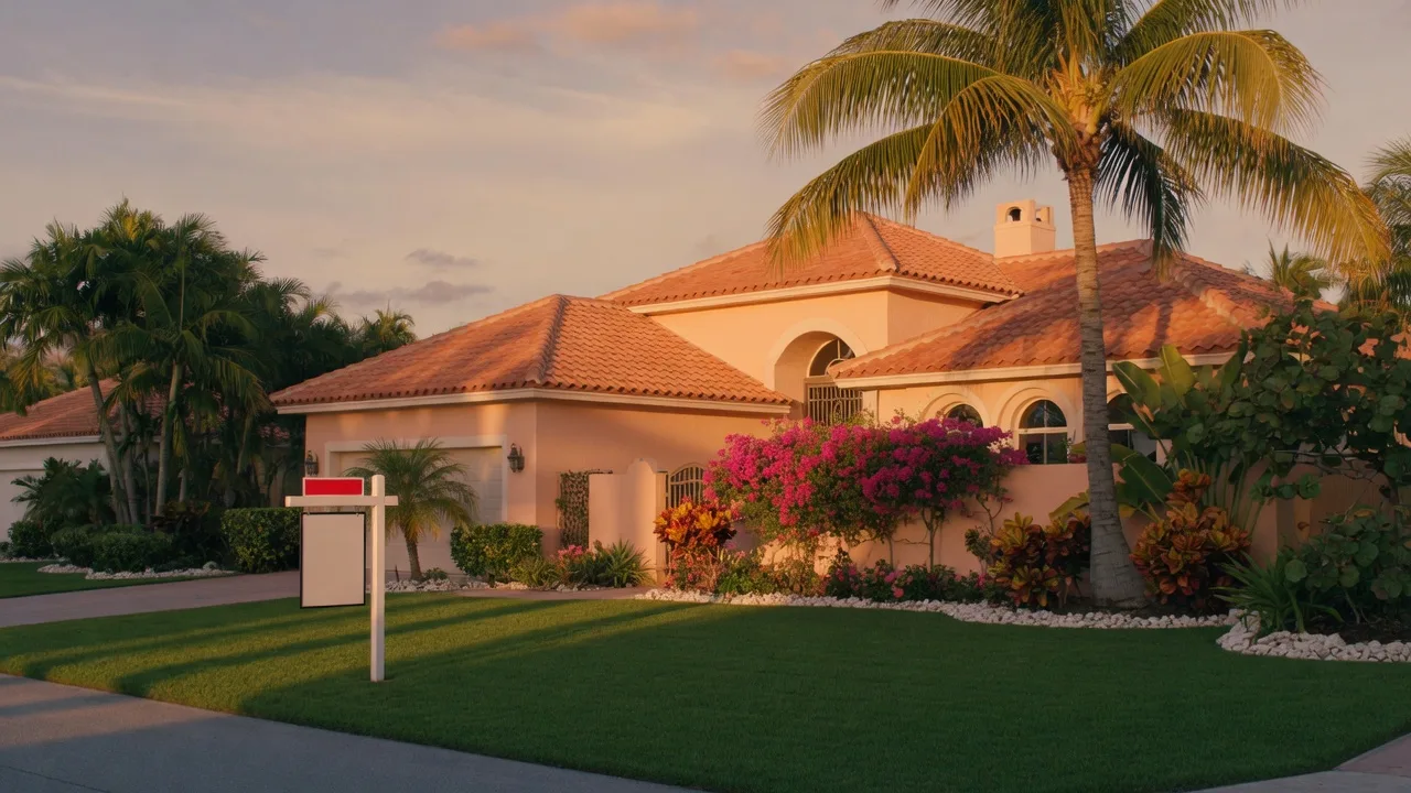 A single-family home in a Sarasota coastal neighborhood with a For Sale sign, terracotta roof, and tropical landscaping on a bright summer morning