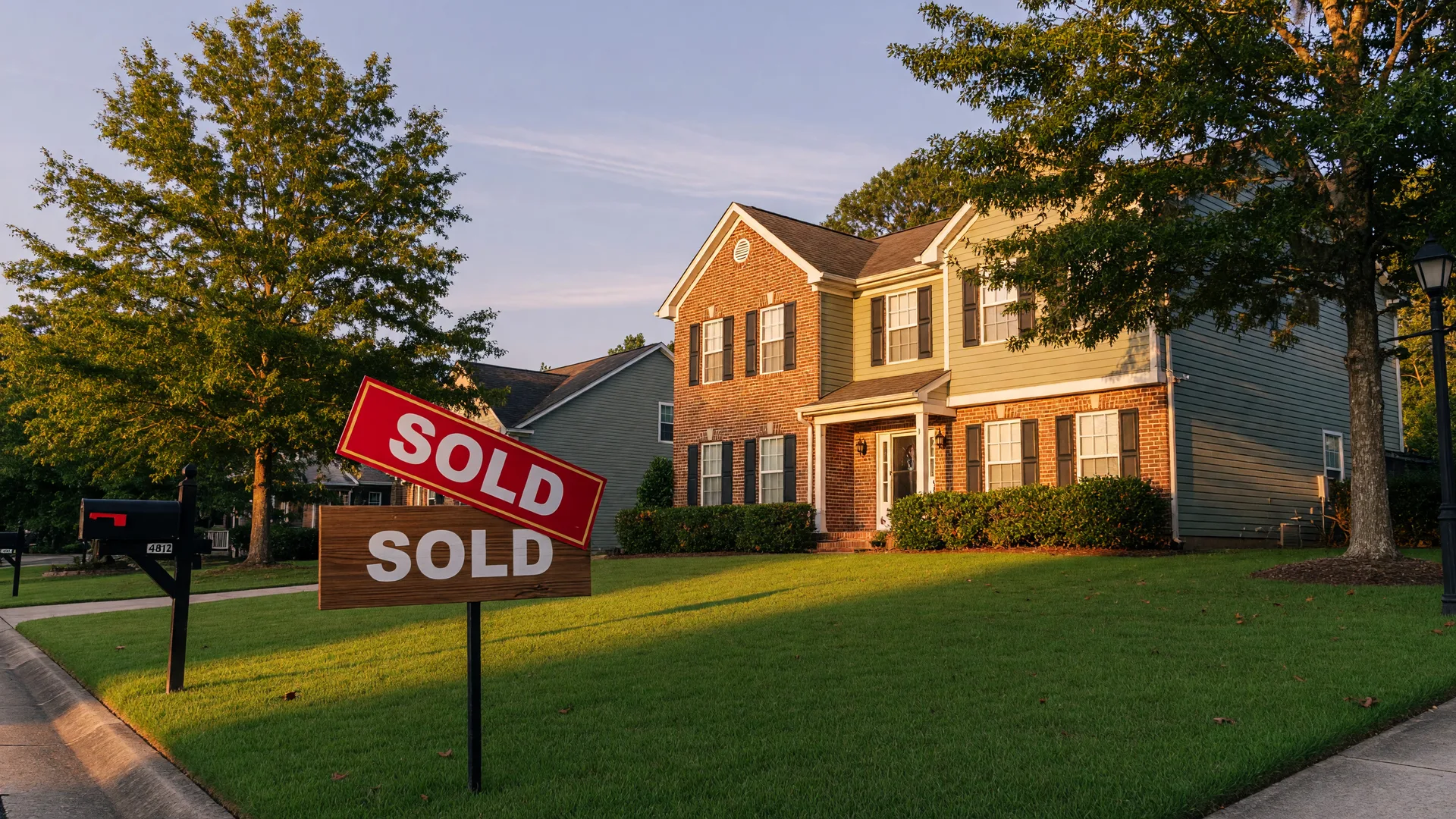 A Douglasville, Georgia home with a Sold sign in the front yard at golden hour, representing the eight-day sale of 3483 Pinemont Drive to an out-of-state buyer